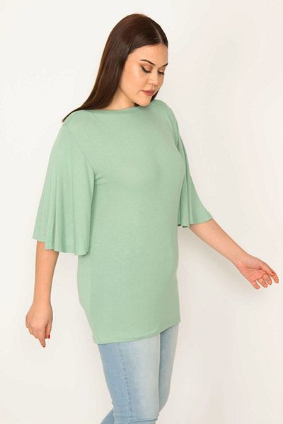 Şans Women's Large Size Green Flounce Sleeve Viscose Blouse 65n29671