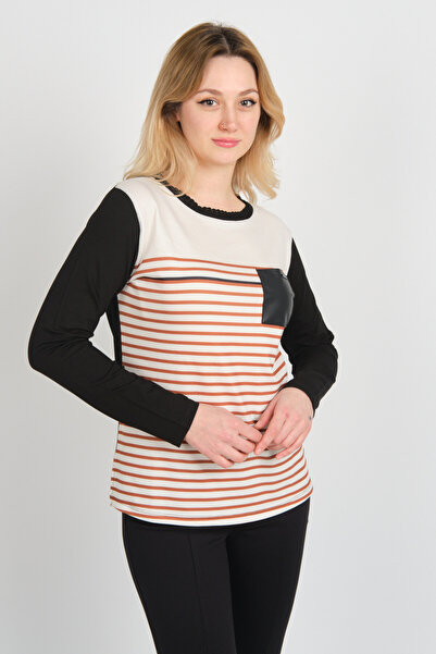 Sistas Women's Faux Leather Pocket Collar Knitted Detailed Long Sleeve Blouse 24606 Tile