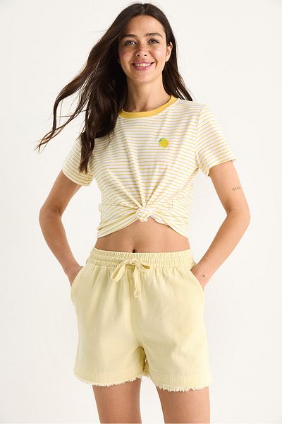 Bianco Lucci Women's Elastic Waist Pocket Detailed High Waist Leg Tasseled Short Linen Shorts Yp5322 60283389
