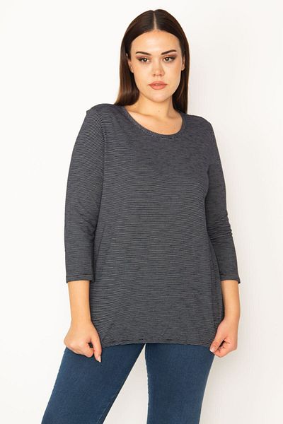 Şans Women's Large Size Navy Blue Thin Striped Blouse with Elastic Hem Detail 65n31013