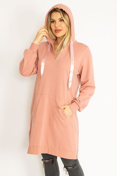 Şans Women's Large Size Pink Hooded Kangaroo Pocket Sweatshirt 65n35092
