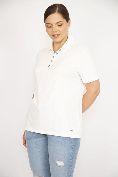 Şans Women's Bone Large Size Polo Neck Front Placket Buttoned Camisole Fabric Short Sleeve Blouse 65n36547