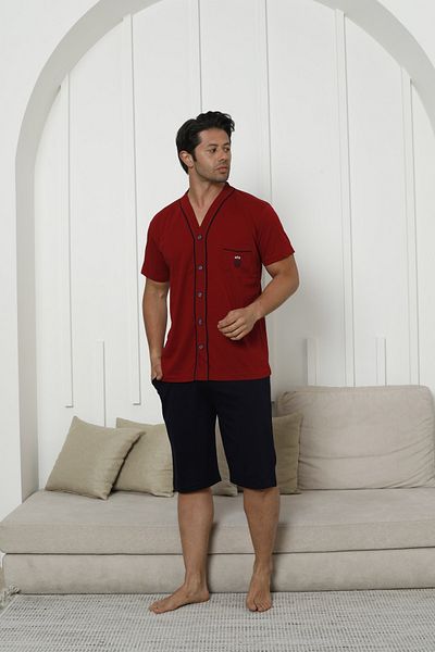 KAPİTEX Buttoned Long Sleeve Short Sleeve Capri Burgundy Color Men's Pajama Set - Father's Day Gift
