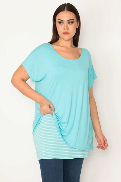 Şans Women's Plus Size Blue Striped Tank Top Low Sleeve Blouse 65n30685