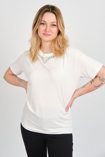 Sistas Women's Short Sleeve Blouse with Shiny Stone Decoration on the Collar 24281 Ecru