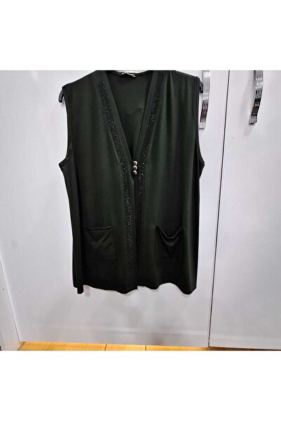 NUR TEKSTİL kadın anne haki boncuk işlemeli önden 3 düğmeli pamuklu viskon pe...