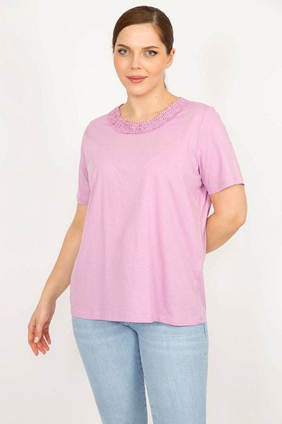 Şans Women's Lilac Plus Size Cotton Fabric Lace Detailed Blouse 65n35923