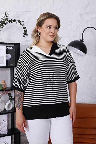 Siyezen Plus Size Handkerchief Collar Striped Blouse