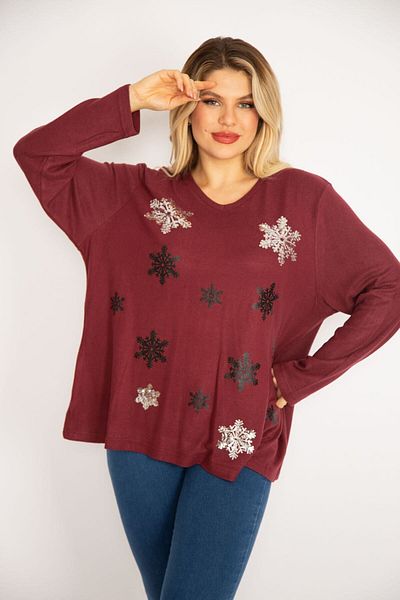 Şans Women's Large Size Claret Red Sequin Detailed Wool Viscose Fabric V-Neck Blouse 65n35056