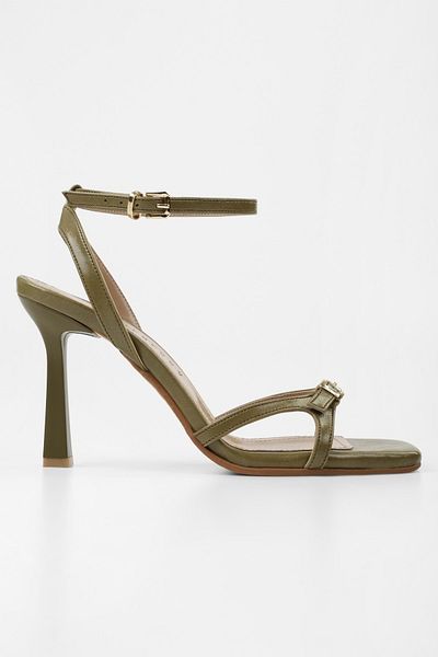 Shoeberry Women's Jolie Oil Green Skin Belt Detailed Heeled Shoes