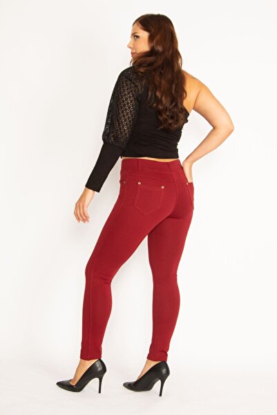 Şans Women's Large Size Claret Red Leggings with Front Ornamental Pocket and Back Pocket 65n34862