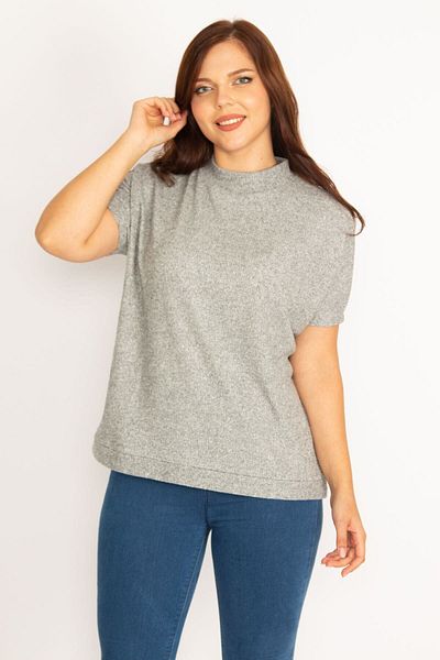 Şans Women's Large Size Gray Camisole Fabric Crew Neck Blouse 65n34804