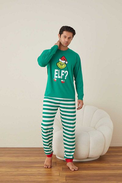 Intisimo Pijamale bărbătești, cu tematică de Crăciun, elf, Grinch, bumbac, verde - XL