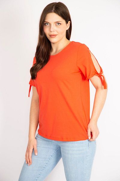 Şans Women's Pomegranate Large Size Cotton Fabric Sleeve Lace Up Blouse 65n36241