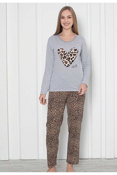 Intisimo Women's Pajamas, Long Sleeve, Heart, Cotton, Gray/animal Print - L