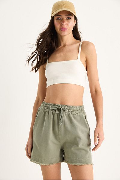 Bianco Lucci Women's Elastic Waist Pocket Detailed High Waist Leg Tasseled Short Linen Shorts Yp5322 60283389