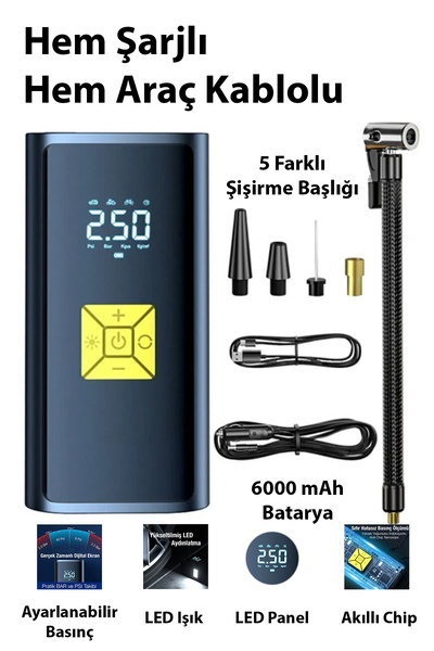 Ally ST-9620B Dijital Led Işıklı Taşınabilir Şarjlı Araç Lastik Hava Şişirme Pompası SİYAH