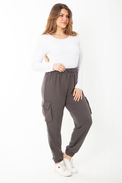 Şans Women's Large Size Smoked Waist and Elastic Leg Cargo Pocket Sweatpants 65N37399