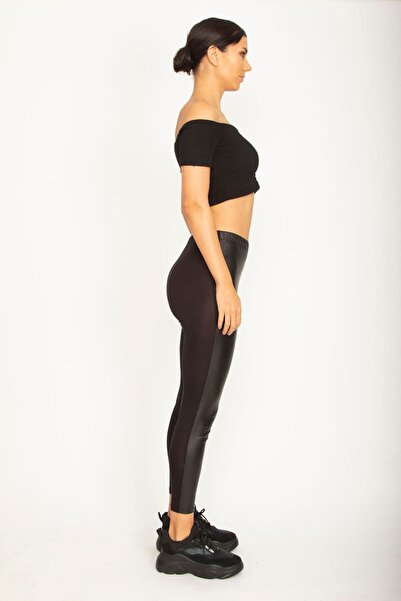 Şans Tekstil Women's Black Front Faux Leather Covered Back Viscose Fabric Leggings Pants 26a26325