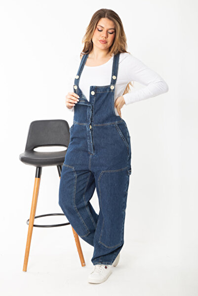 Genel Markalar Kadın Lacivert Önü Gizli Pat Düğmeli Askılı Kot Salopet Tulum 65N37372