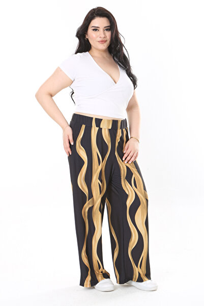 Şans Plus Size Patterned Black Trousers - Elastic Waist, Side Pocket, Lycra 65N38055