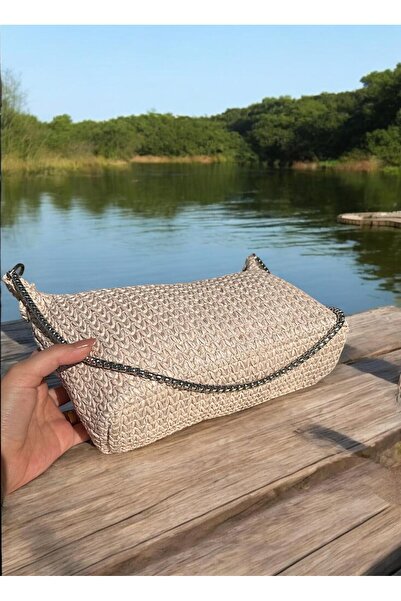 Katusa Жіноча сумка з плетеного рогожа кремового кольору з срібним ланцюжком, ручна та через плече