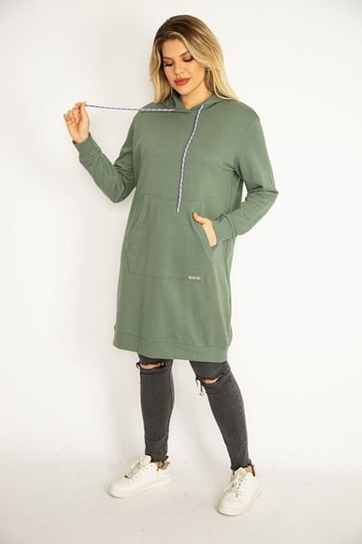 Şans Women's Large Size Green Hooded Kangaroo Pocket Long Sweatshirt 65n35070