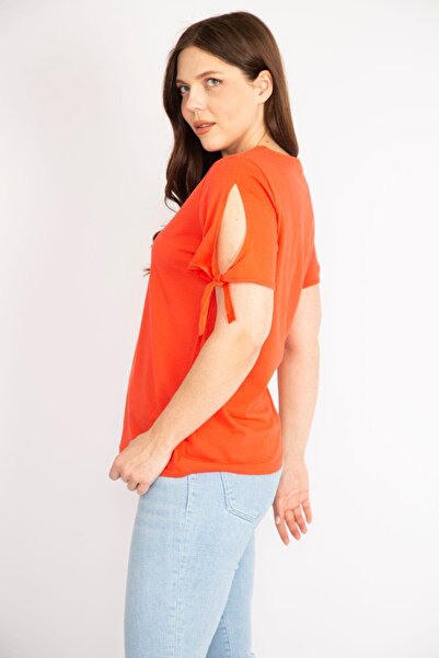 Şans Women's Pomegranate Large Size Cotton Fabric Sleeve Lace Up Blouse 65n36241