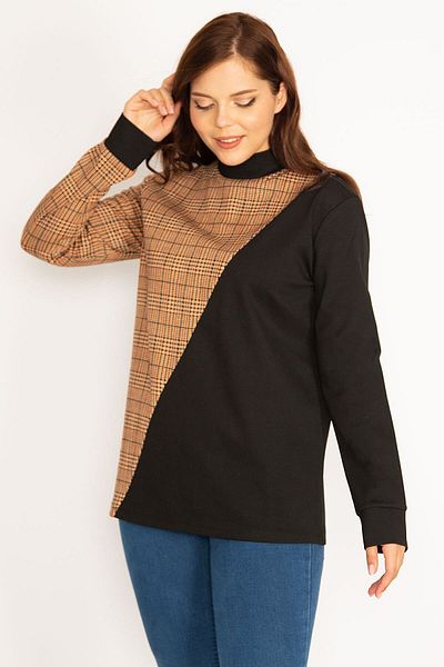 Şans Women's Large Size Brown Plaid Sweatshirt 65n34755