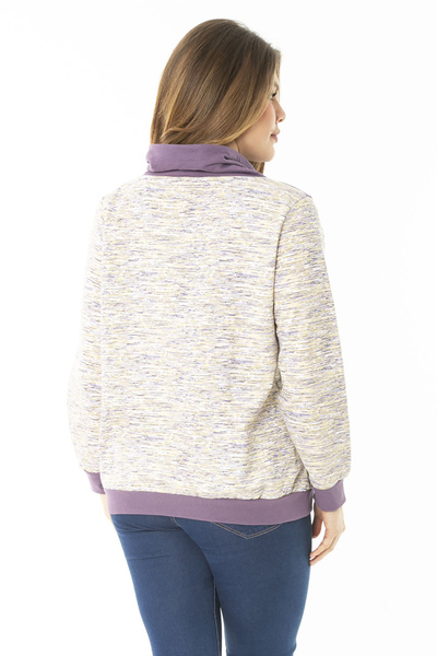 Şans Women's Large Size Purple Eyelet Lace and Ornamental Button Detailed Kangaroo Pocket High Collar Sweatshirt 65N37122