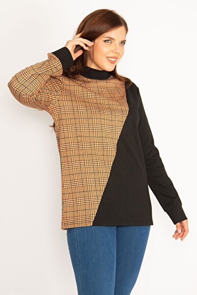 Şans Women's Large Size Brown Plaid Sweatshirt 65n34755