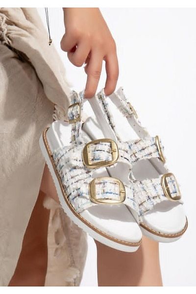 TUGERDİ Tugerdi White Glitter Orthopedic Buckle Belted Light Sole Women's Sandals Tgy244400184