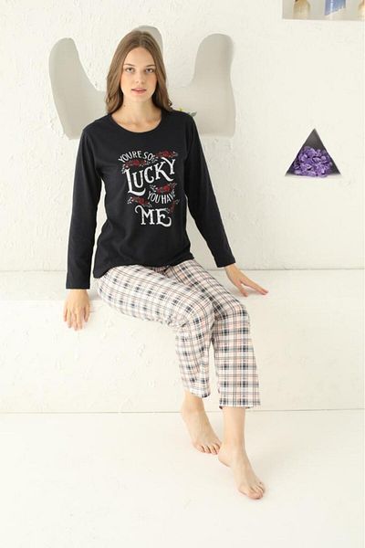 Intisimo Pijamale pentru femei, cu mânecă lungă, Lucky Me, bumbac, negru - XL