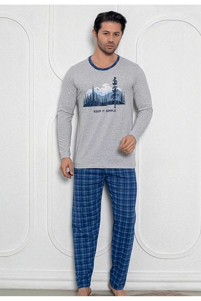 Intisimo Men's Pajamas, Blouse Long Pants, Keep It Simple, Light Gray - L