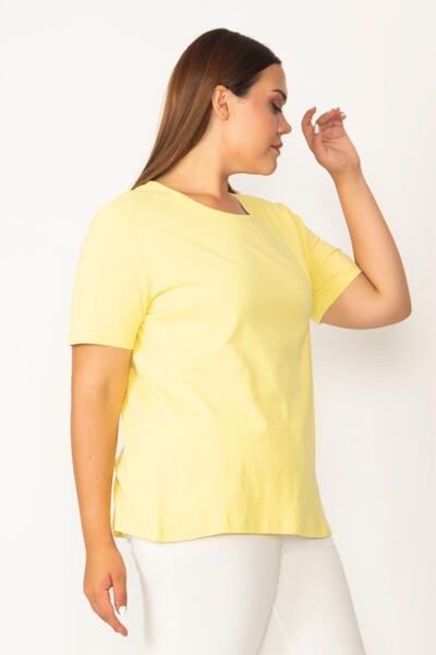 Şans Women's Large Size Yellow Cotton Fabric Crew Neck Short Sleeve Blouse 65n29545