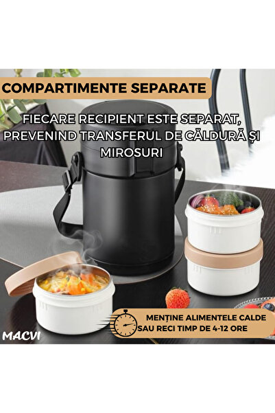 MACVI Macvi® 304 stainless steel thermal casserole, 2.3L, 3 compartments, leak-proof, with cutlery included, Black
