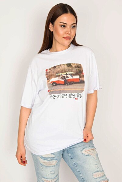 Şans Жіноча великого розміру біла бавовняна тканина з цифровим принтом блуза 65n33276