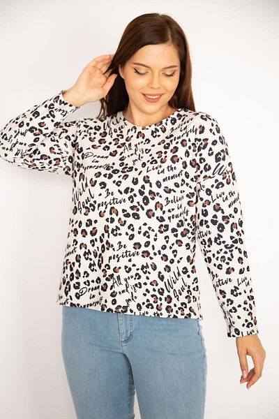 Şans Women's Large Size Colorful Crew Neck Patterned Blouse 65n34923