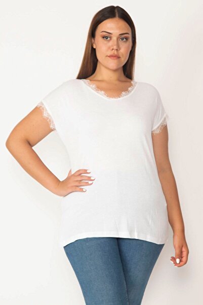 Şans Women's White Large Size Cotton Fabric V-Neck Lace Detailed Low Sleeve Blouse 65n36393