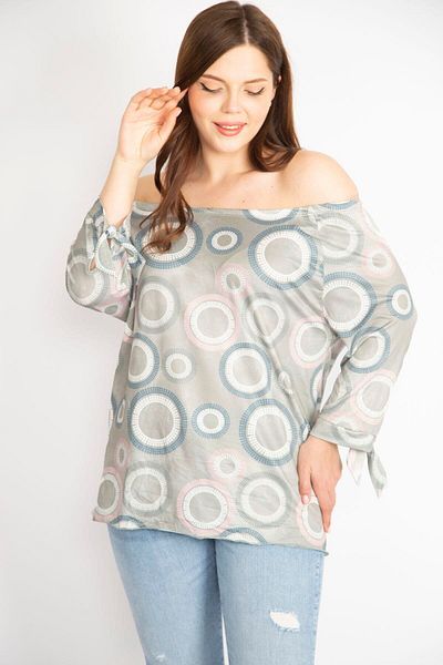 Şans Women's Colorful Large Size Collar Elastic Sleeve Lace Up Blouse 65n35665