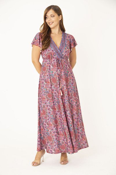 Şans Women's Large Size Colorful Wrap Collar Waist Lace Dress 65N36878