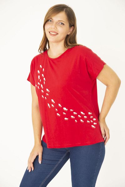 Şans Women's Large Size Red Cotton Fabric Front Patterned Blouse 65N35767