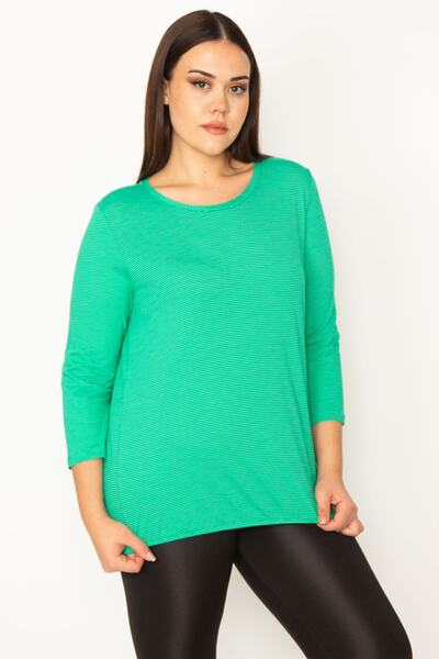 Şans Γυναικεία πράσινη λεπτή ριγέ μπλούζα μεγάλου μεγέθους με ελαστικό στρίφωμα 65n30693