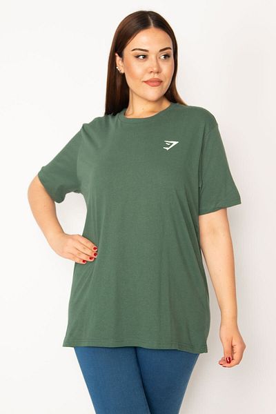 Şans Women's Large Size Green Crew Neck Short Sleeve Basic Blouse 65n33279