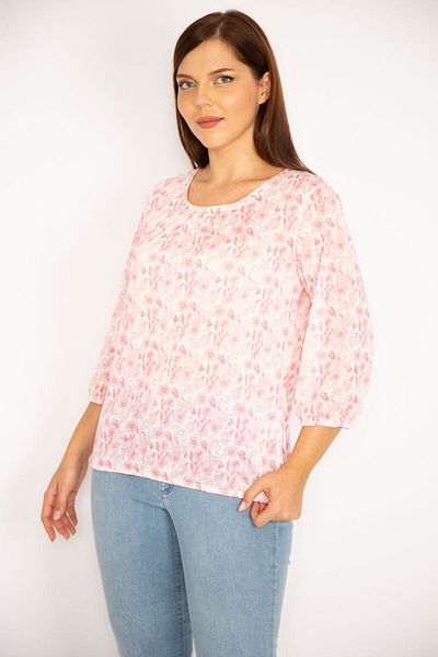Şans Women's Large Size Pink Patterned Blouse with Elastic Hem and Cuffs 65n34926