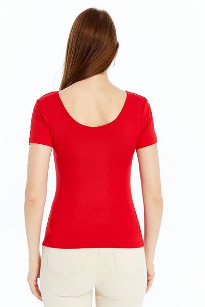 LAENT Women's Red Pool Neck Short Sleeve Blouse