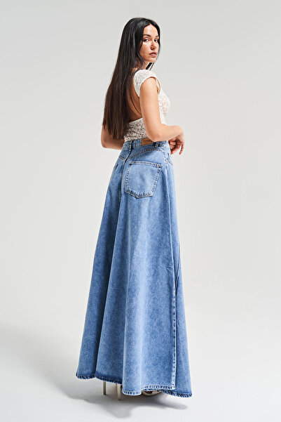 its basic Kadın Mavi Renk 1s5-4 Maxi Boy 103cm A Tipi Çan Kesim %100 koton Süper Uzun Denim Etek