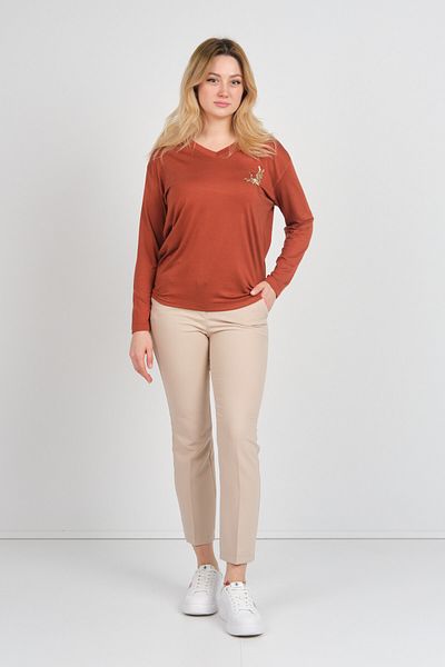 Sistas Women's Long Sleeve V-Neck Embroidery Detailed Blouse 4565 Tile