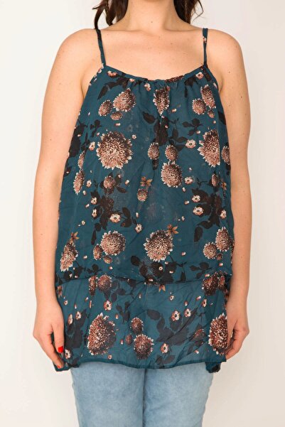 Şans Women's Large Size Petrol Patterned Chiffon Fabric Strap Layered Tunic 65n32270