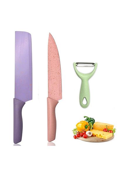 Generic 3 Piece Colorful Designer Stainless Steel Chef's Kitchen Knife Set and Peeler